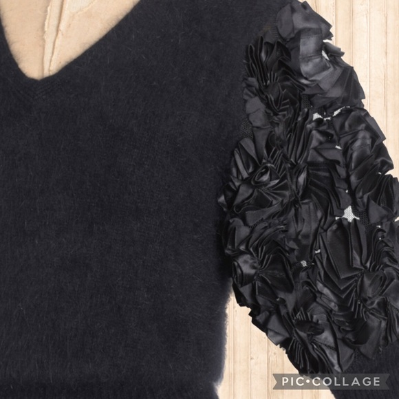 Vintage 80s Black Angora Puff Sleeve Cropped Sweater by Gloria Furman | Glory 3 - Picture 1 of 6